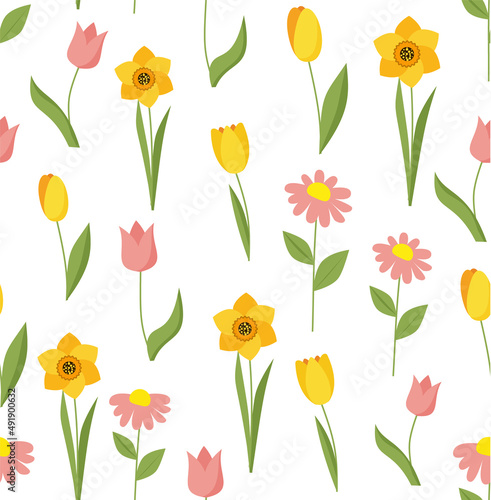Seamless spring pattern with tulips and daffodils.