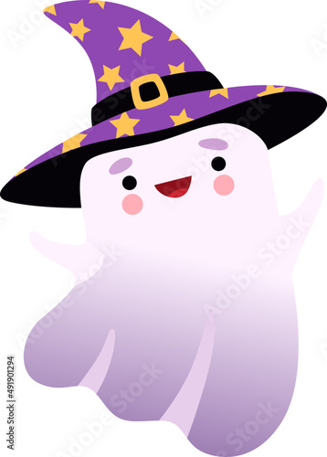 White Ghost or Spirit as Spooky Halloween Character Smiling and Wearing Witch Hat