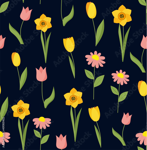Seamless spring pattern with tulips and daffodils.