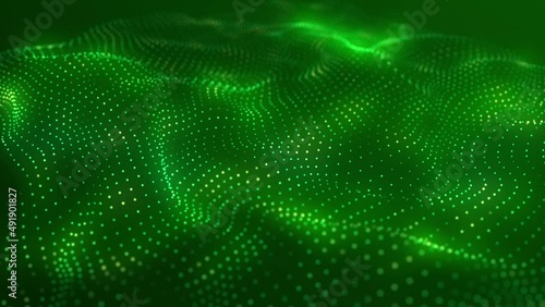 Digital technology background. Abstract dynamic wave of connected dots and lines on dark background. Wave of bright particles. Big data. 4K illustration. 3d rendering.