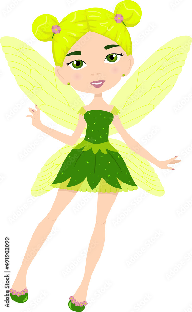 Cartoon fairy girl in green dress. Fairytale character with magic wings. Flat vector design