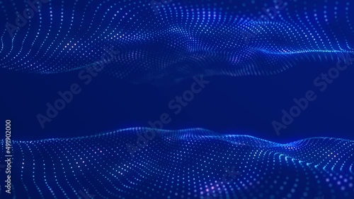 Digital technology background. Abstract dynamic wave of connected dots and lines on dark background. Wave of bright particles. Big data. 4K illustration. 3d rendering.