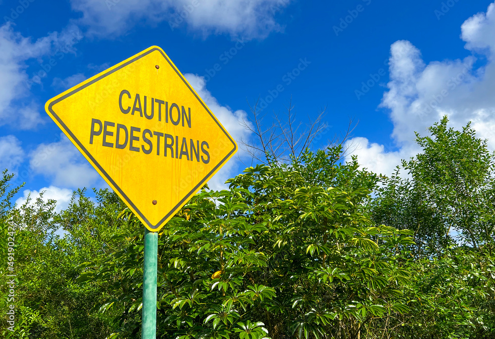 Caution pedestrians sign standing in front of blue sky and trees. Hawaii - Honolulu 