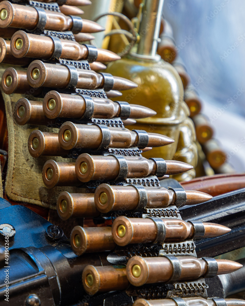 Naklejka premium Tape with cartridges to the machine gun. The war in Ukraine.