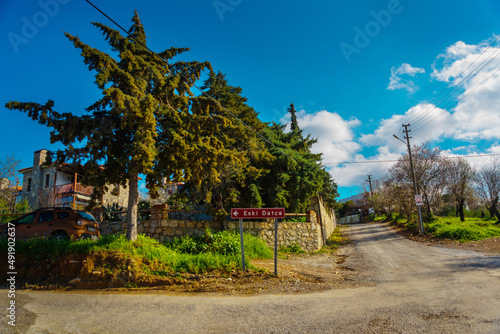 DATCA, MUGLA, TURKEY: A sign indicating the direction to the Eski Datca quarter