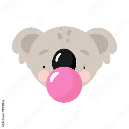 Cute koala with bubble gum. Cartoon style. Vector illustration. For kids stuff, card, posters, banners, children books, printing on the pack, printing on clothes, fabric, wallpaper, textile or dishes.