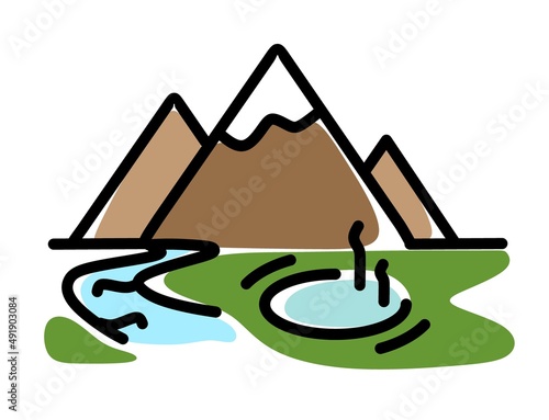 Geyser mountains and river in the logo. The concept of Kamchatka. Vector illustration isolated on a white background