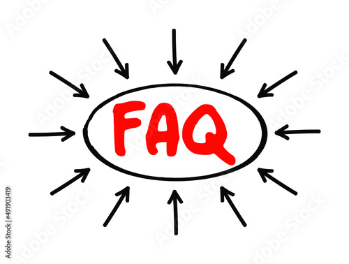 FAQ - Frequently Asked Questions list is often used in articles, websites, email lists, and online forums, acronym text with arrows