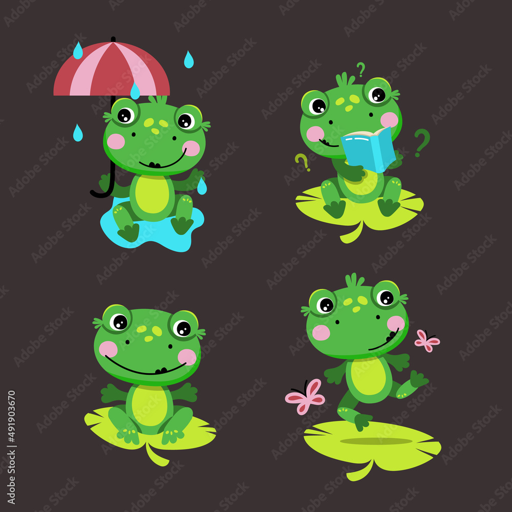 Cute green Frog. A set of frogs in different situations. Isolated vector illustration Cute green Frog. A set of frogs in different situations. Isolated vector illustration