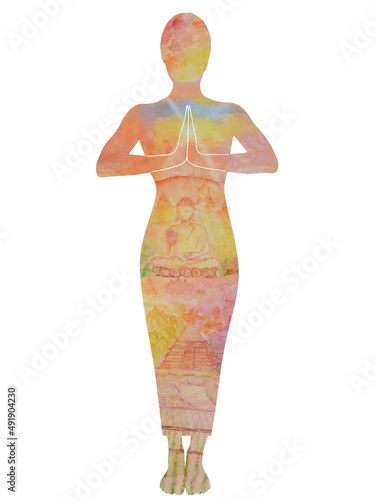 Watching blessing Buddha and temple in a silhouette of a person in greeting Namaste pose isolated on white background. Hand painted abstract silhouette design