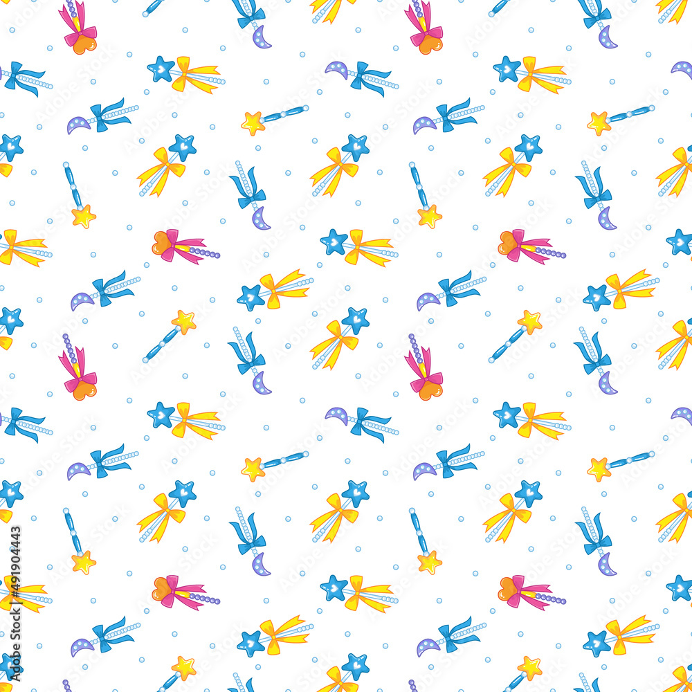 Seamless pattern with cute multicolored magic wands decorated with stars, bows and other decorations. Magical children's print for clothes and cards. Vector illustration in a minimalistic flat style.