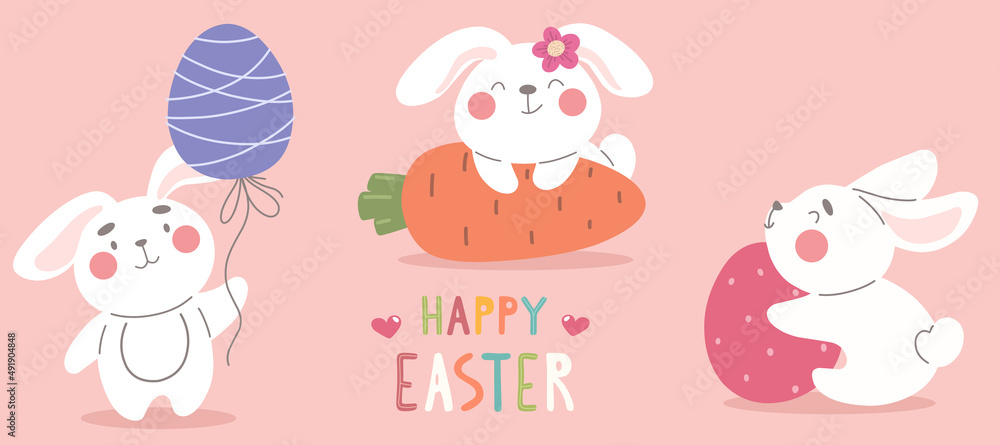 Collection of cute white Easter bunnies. Vector illustration with holiday characters.
