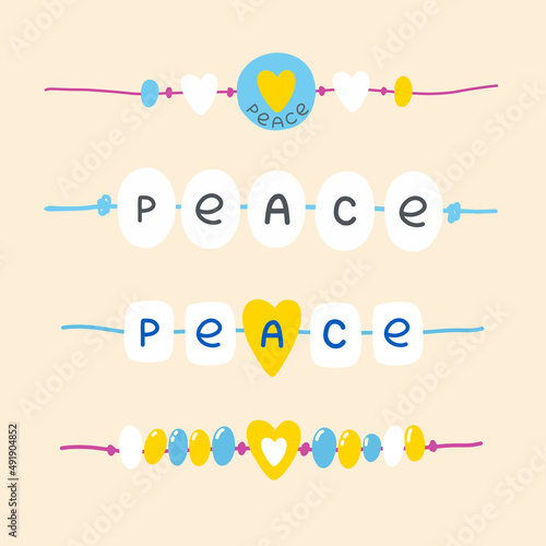 Cute bracelets with peace sign, letters, heart. Cartoon vector. Stop war, we are for peace. Vector print, hand-drawn baubles.