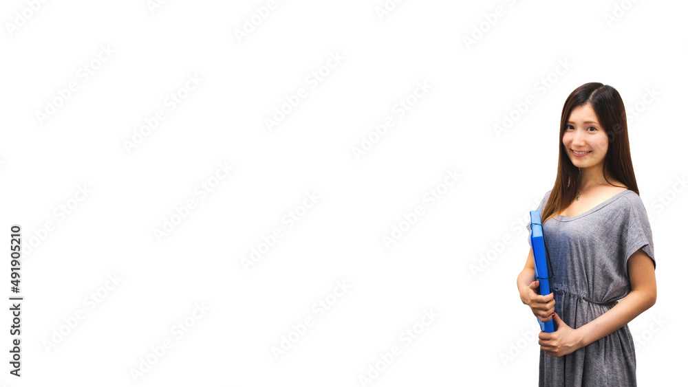 Pretty Japanese woman standing against a pure white background holding a blue plastic folder Pretty Japanese woman standing against a pure white background holding a blue plastic folder