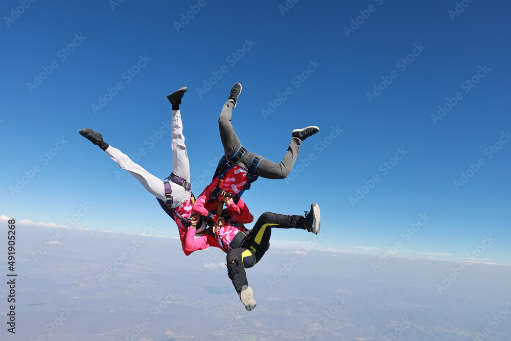 Skydivers are having fun in the sky.