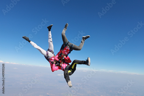Skydivers are having fun in the sky.