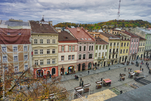 street, row houses and hilltop view, ukraine lviv