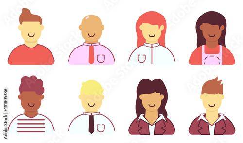 Conjunto de vetores no estilo flat de pessoas de várias cores e cabelos.