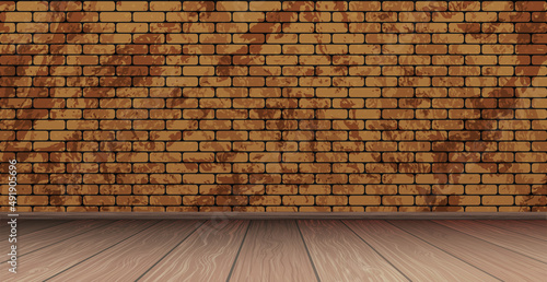Stylish studio, panoramic red brick background with peeling paint, wooden floor - Vector