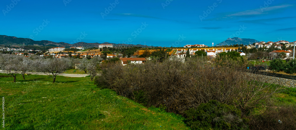 ESKI DATCA, TURKEY: Beautiful spring landscape with a view of the flowering almond tree in Eski Datca. ESKI DATCA, TURKEY: Beautiful spring landscape with a view of the flowering almond tree in Eski Datca.