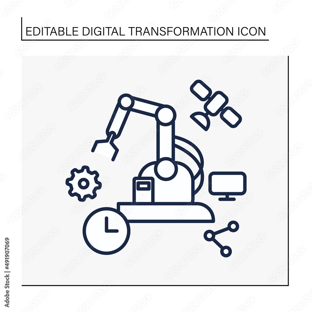 Manufacturing line icon. Industry 3.0. Mechanization manufacture. Smart technologies, big data. Digital transformation concept.Isolated vector illustration.Editable stroke Manufacturing line icon. Industry 3.0. Mechanization manufacture. Smart technologies, big data. Digital transformation concept.Isolated vector illustration.Editable stroke