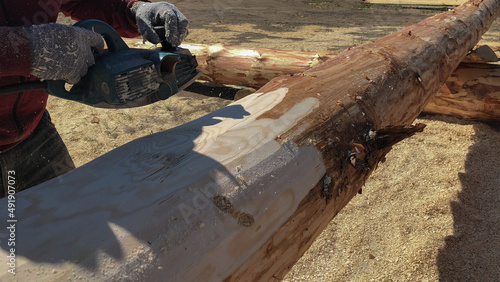 Worker grinds a log with an electric tool. Preparation for building a house. . High quality photo