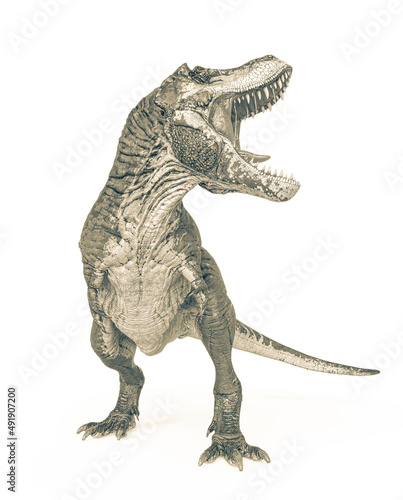 tyrannosaurus rex in action with a mouth wide open in white background