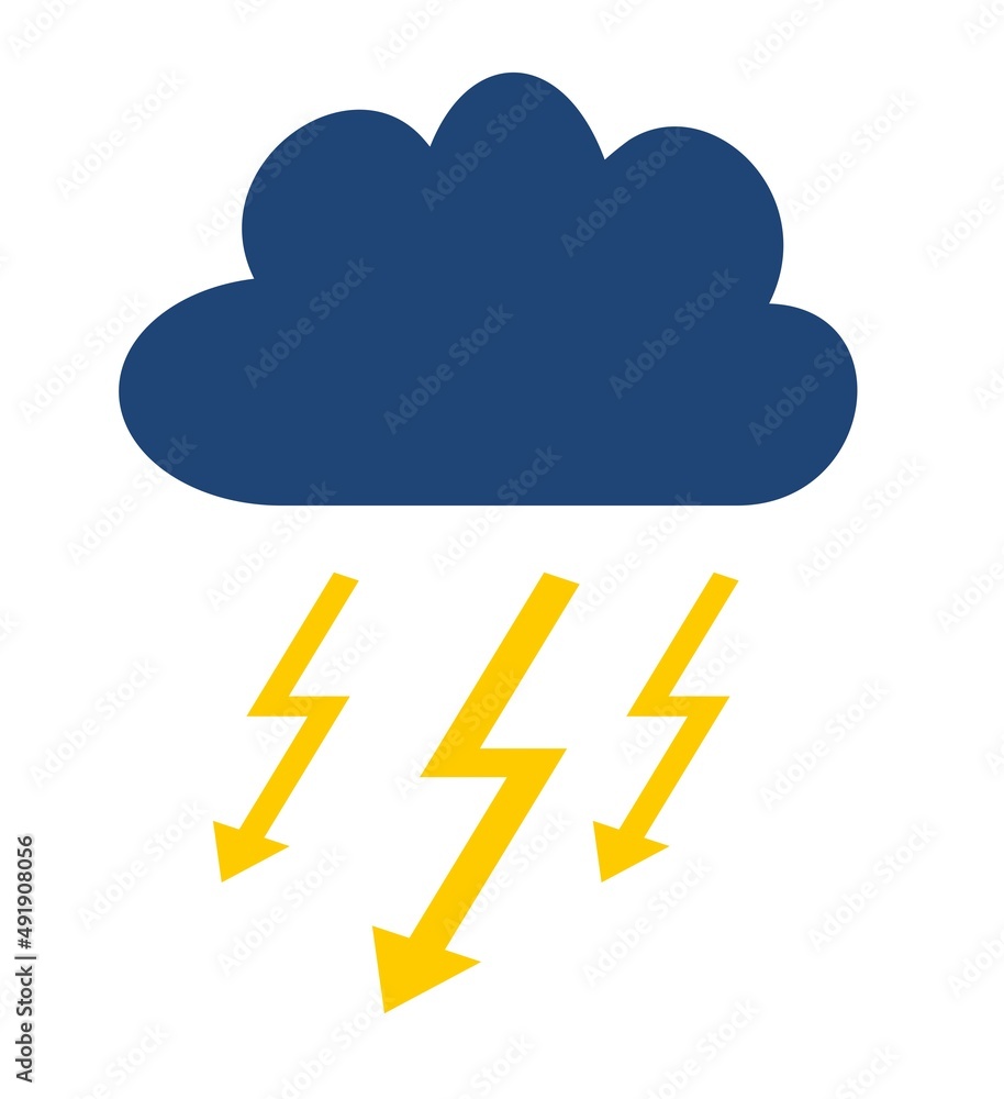 A storm cloud on a white background. A blue cloud with yellow lightning. A storm cloud on a white background. A blue cloud with yellow lightning.
