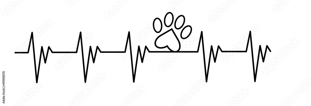 Illustration of heartbeat line with a dog paw. A dog paw on a heartbeat line.