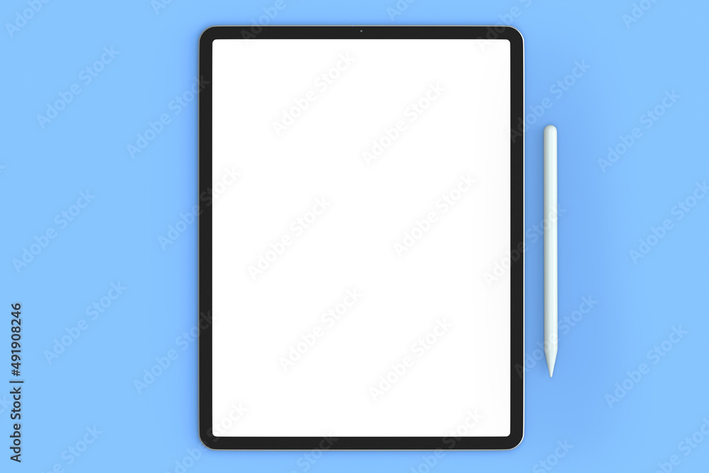 Computer tablet with pencil isolated on blue background. Computer tablet with pencil isolated on blue background.