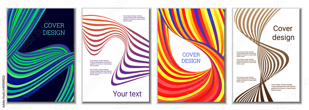 A set of 4 abstract covers. Wavy parallel gradient lines, ribbons evolve. Cover design, background. Trendy banner, poster. A set of 4 abstract covers. Wavy parallel gradient lines, ribbons evolve. Cover design, background. Trendy banner, poster.