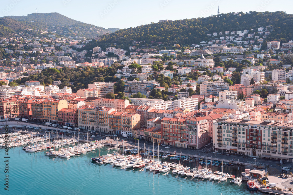 Aerial view on Nice Franc cityscape and port with boats moored on sea mediterranean coastline landscape