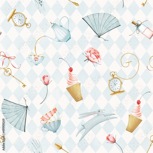 Alice in wonderland seamless pattern on a background of blue rhombuses. Rabbit, teapot, cups, cake, roses, potion bottle, key, watch, fan, glove. Cute style. Stock illustration.
