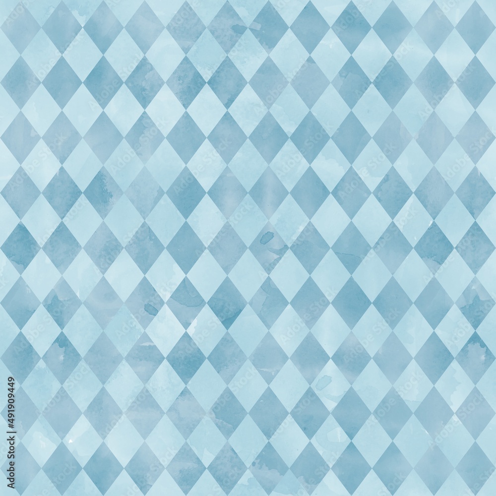Watercolor rhombus seamless pattern. Geometric background in shades of blue. Vintage style. Stock illustration. - obrazy, fototapety, plakaty 