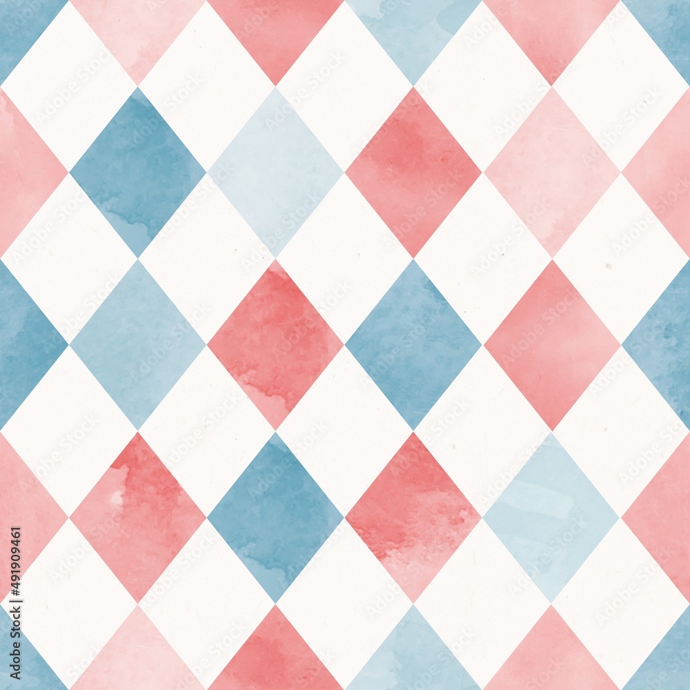Watercolour background of pink and blue rhombuses. White background. Cute style. Stock illustration.