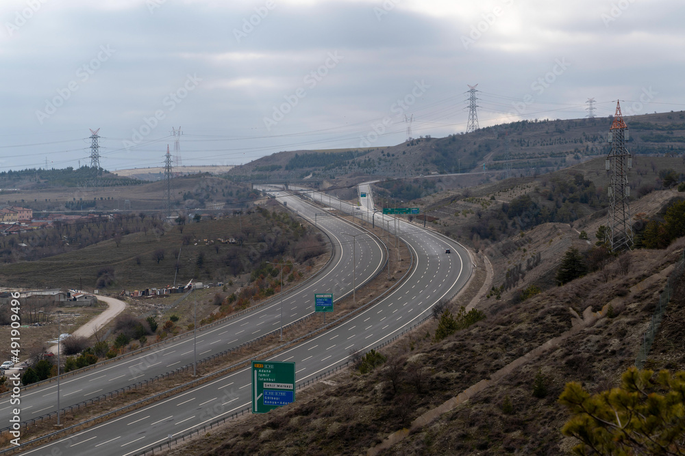 Golbasi, Ankara, Turkey - February 26 2022: Highway  among hills.