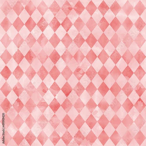 Watercolor rhombus seamless pattern. Geometric background in shades of pink. Vintage style. Stock illustration.