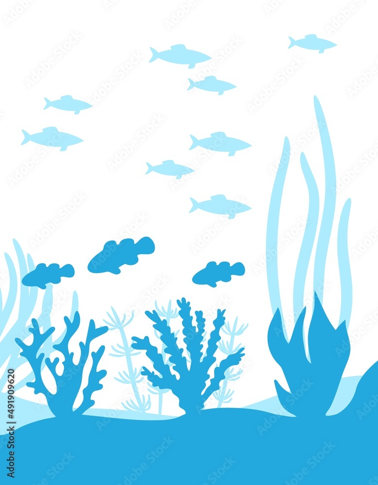 Fototapeta premium Underwater world silhouette. Fish and algae