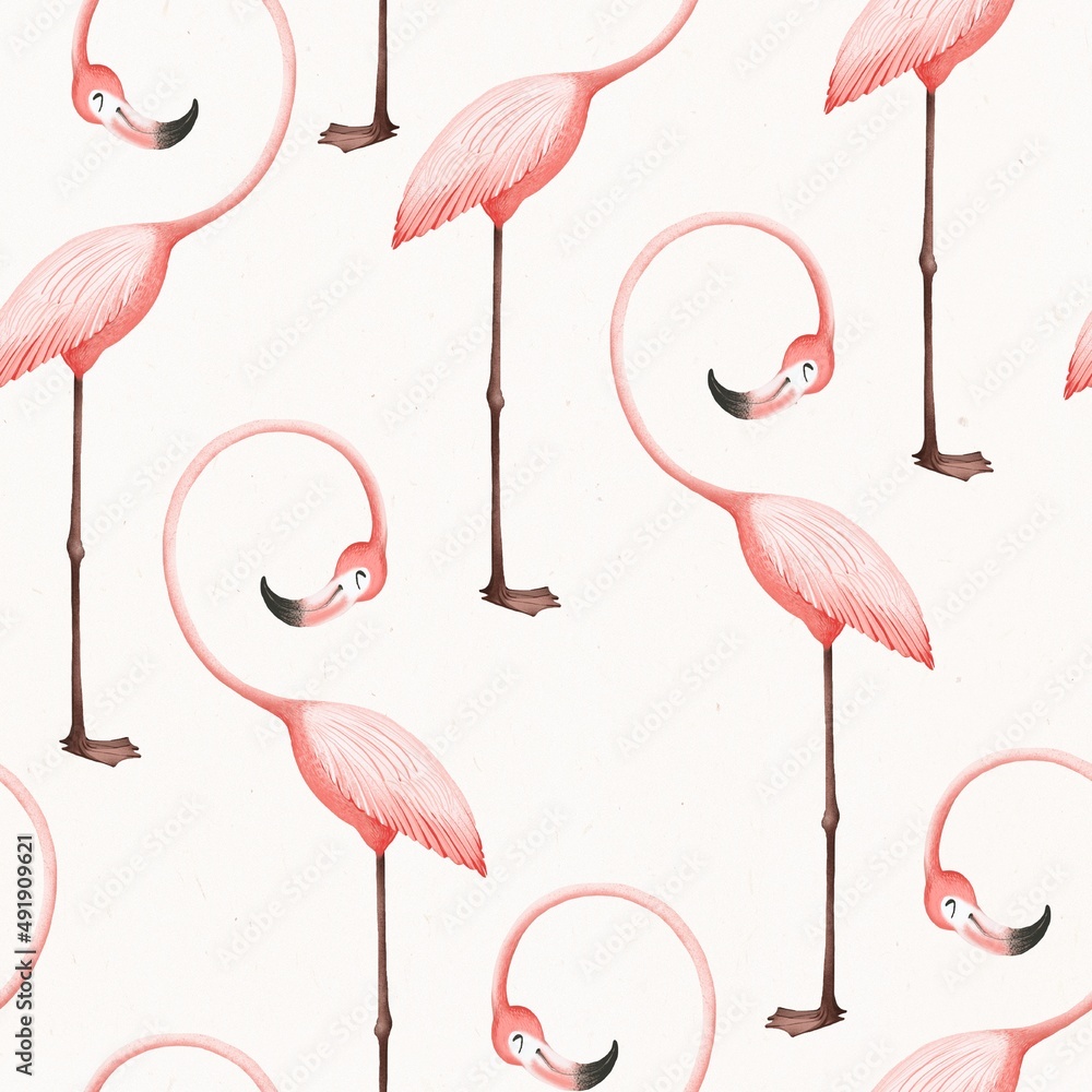 Obraz premium Seamless pink flamingo pattern on a light background. Cute style. Delicate colors. Stock illustration.