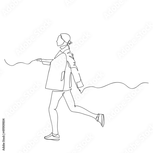 Abstract young woman wearing casual off-season urban clothes and walking in city, hand drawn modern fashion illustration, quick sketch, vector illustration with copyspace for advertising message