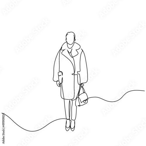 Abstract young woman wearing casual off-season urban clothes and walking streets, hand drawn modern fashion illustration, quick sketch, vector illustration with copyspace for advertising message