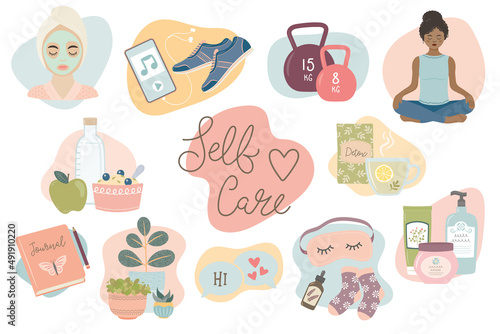 Self care activities to keep happy and healthy. Collection set of vector illustrations isolated on white. photo