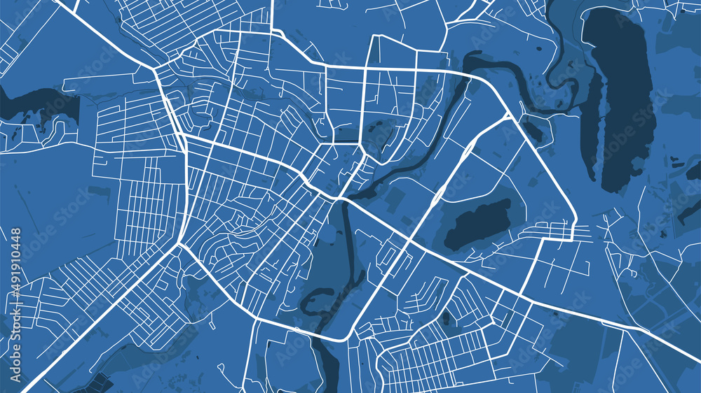 Detailed vector map poster of Sumy city, linear print map. Blue skyline urban panorama.