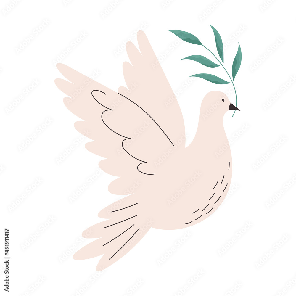 Obraz premium Flying dove with branch as symbol of world peace and freedom, flat vector illustration isolated on white background. Pigeon bird holding green plant.