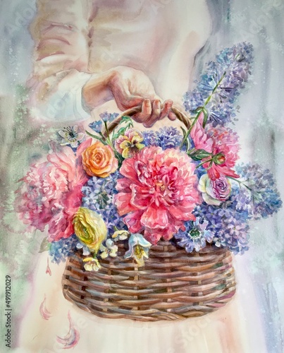 Flowers in basket. Watercolor bouquet. Design element. 