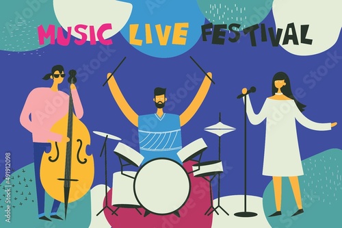 Photography Colorful jazz festival musicians singers and musical instruments poster set flat