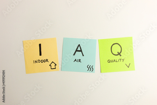 IAQ indoor air quality acronym handwritten on sticky notes