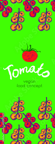Cooking courses vector vertical banner template. Tomatoes drawing for label tomato paste  tomato juice. Hand-drawn illustration. Organic vegetable background. Tomato banner. Vegan restaurant concept.