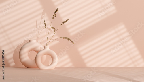 Minimalist interior decor with ceramic vase and dry plant, minimal shadows on the wall neutral pink 3d rendering aesthetic background photo