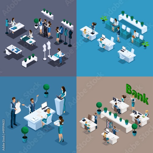 Isometric. Set of 3D illustration for website. Customer service in the bank, work in a sewing workshop, issuing loans to small businesses